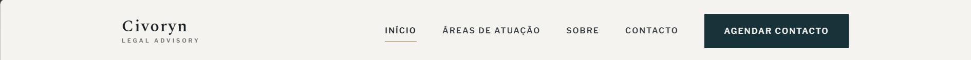 Navegação sóbria e editorial, fiel ao tom do escritório.